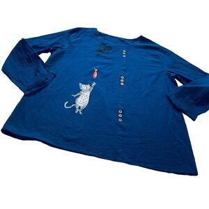 Gracila Women’s Plus 4X Long Sleeve Cat Embroidered Blouse Whimsical Blue Meow